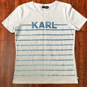 Karl Lagerfeld White Tee with Blue Accents